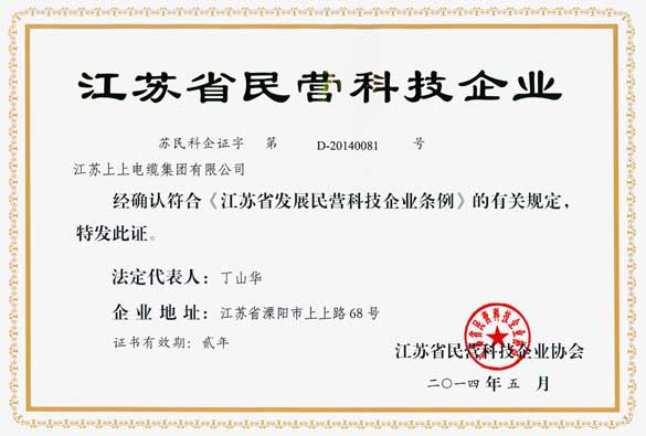 江蘇上上電纜集團被評為“江蘇省民營科技企業”